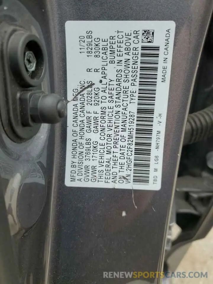 13 Фотография поврежденного автомобиля 2HGFC2F82MH519287 HONDA CIVIC 2021