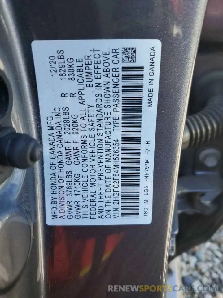 12 Фотография поврежденного автомобиля 2HGFC2F84MH526354 HONDA CIVIC 2021