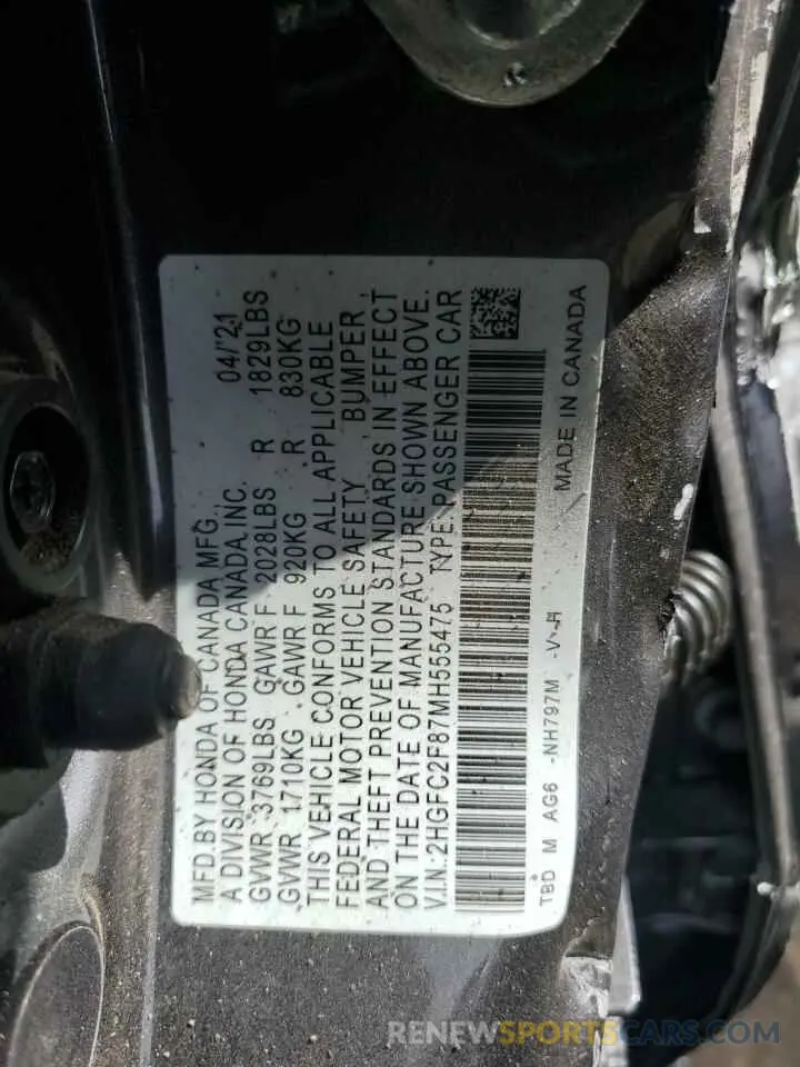 13 Фотография поврежденного автомобиля 2HGFC2F87MH555475 HONDA CIVIC 2021