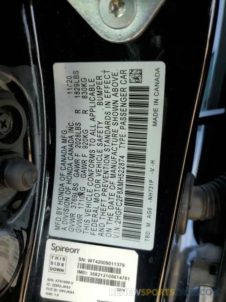 12 Фотография поврежденного автомобиля 2HGFC2F8XMH522874 HONDA CIVIC 2021