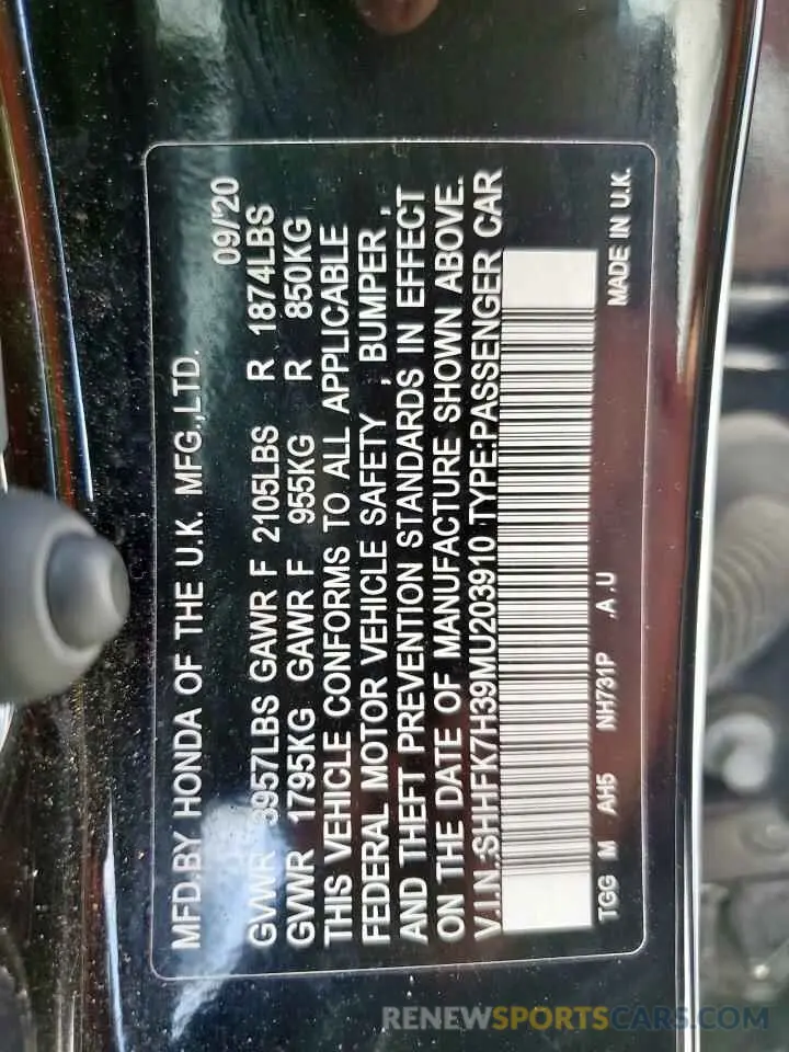 12 Photograph of a damaged car SHHFK7H39MU203910 HONDA CIVIC 2021