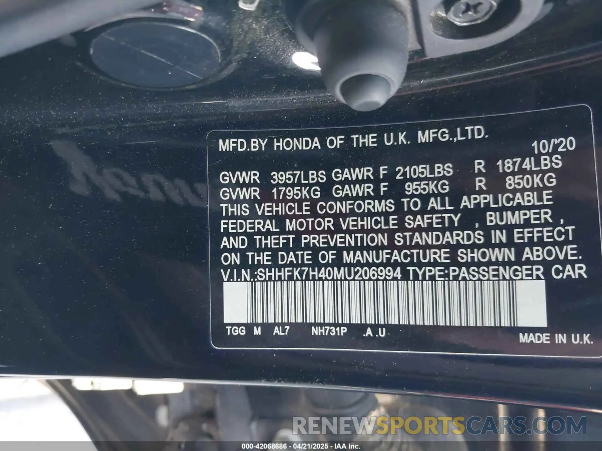 9 Фотография поврежденного автомобиля SHHFK7H40MU206994 HONDA CIVIC 2021