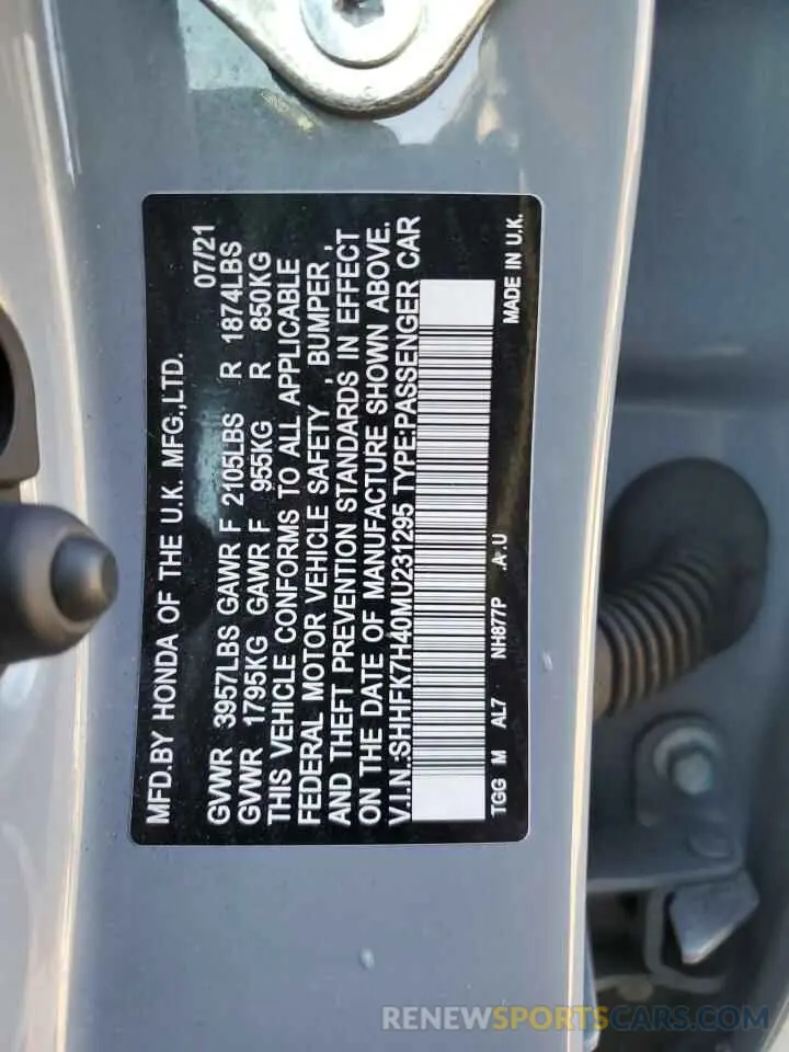 14 Photograph of a damaged car SHHFK7H40MU231295 HONDA CIVIC 2021