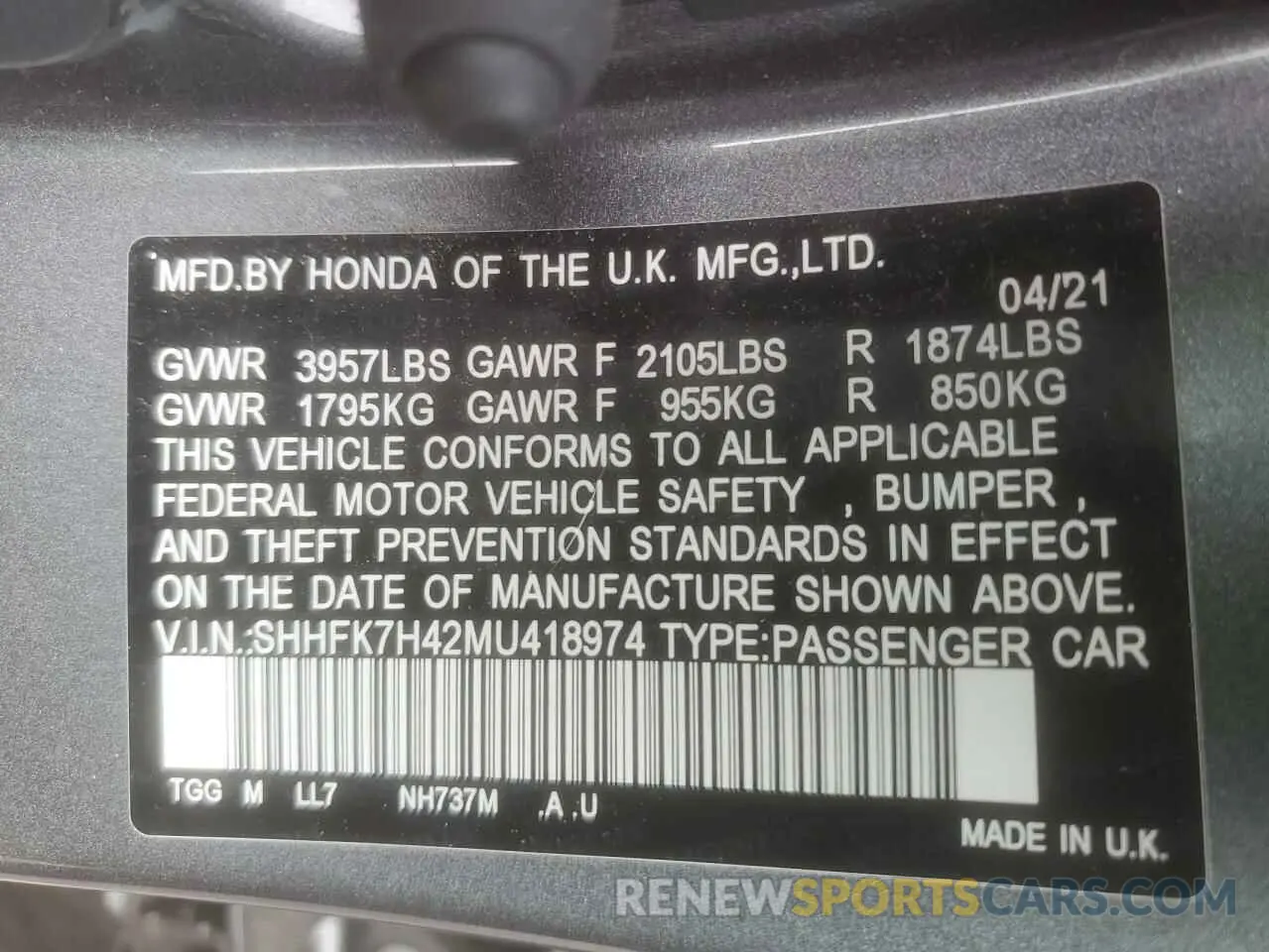 14 Photograph of a damaged car SHHFK7H42MU418974 HONDA CIVIC 2021