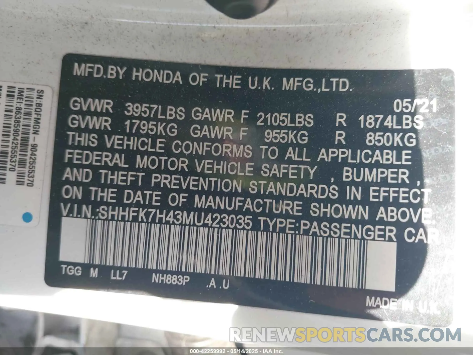 9 Фотография поврежденного автомобиля SHHFK7H43MU423035 HONDA CIVIC 2021