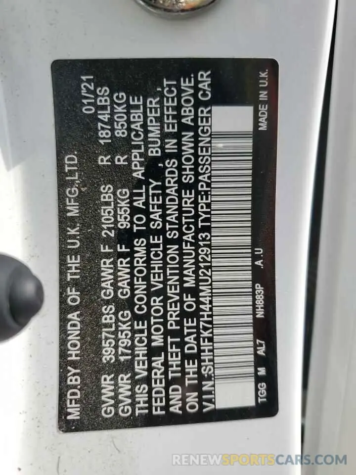14 Photograph of a damaged car SHHFK7H44MU212913 HONDA CIVIC 2021