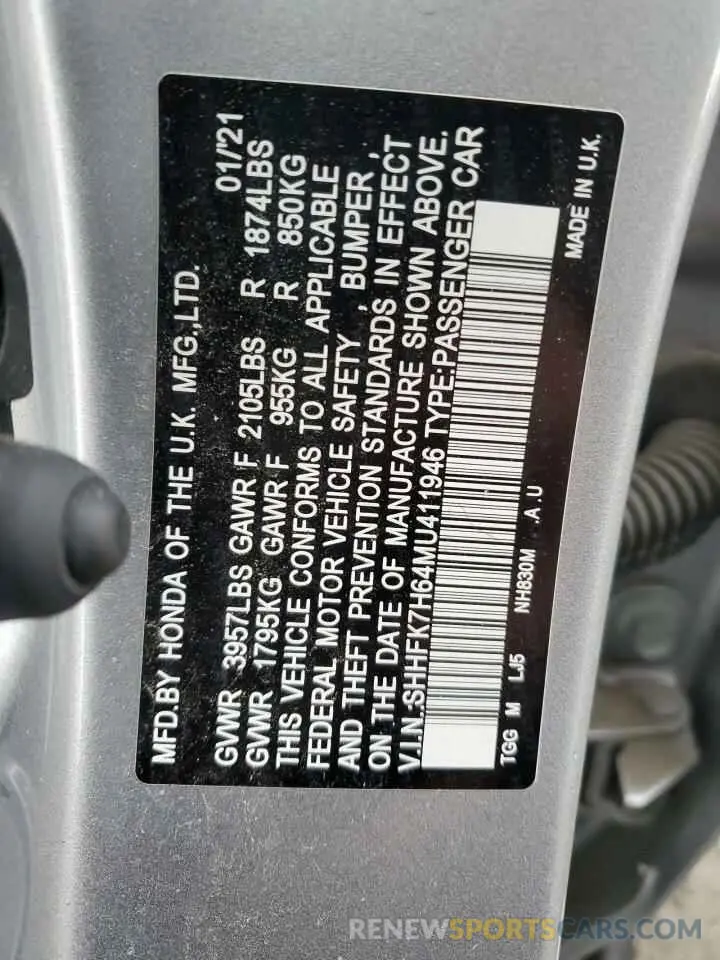 13 Photograph of a damaged car SHHFK7H64MU411946 HONDA CIVIC 2021