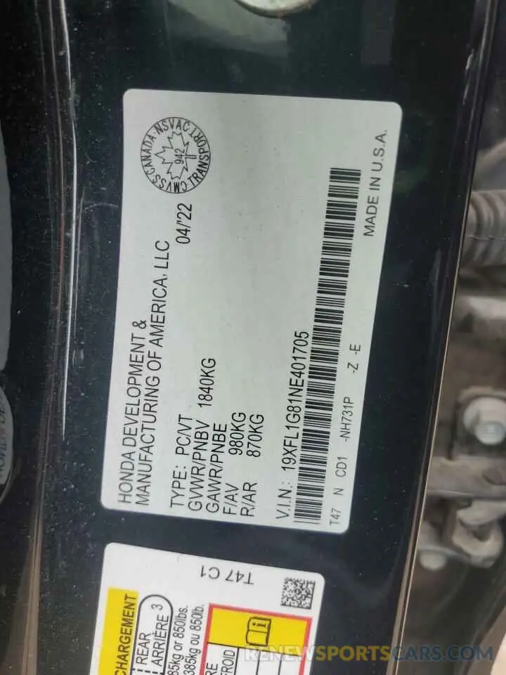 13 Фотография поврежденного автомобиля 19XFL1G81NE401705 HONDA CIVIC 2022