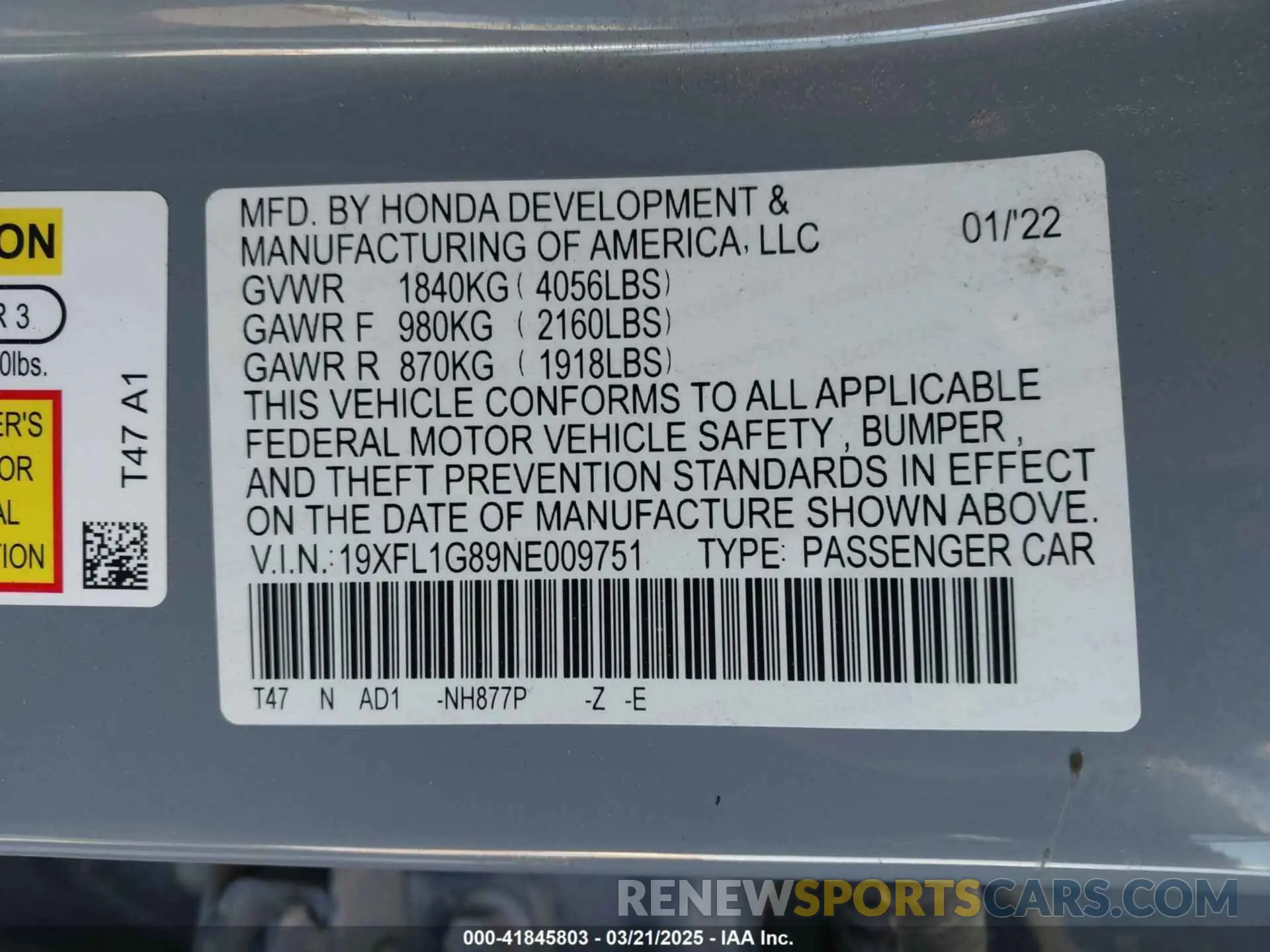 9 Photograph of a damaged car 19XFL1G89NE009751 HONDA CIVIC 2022