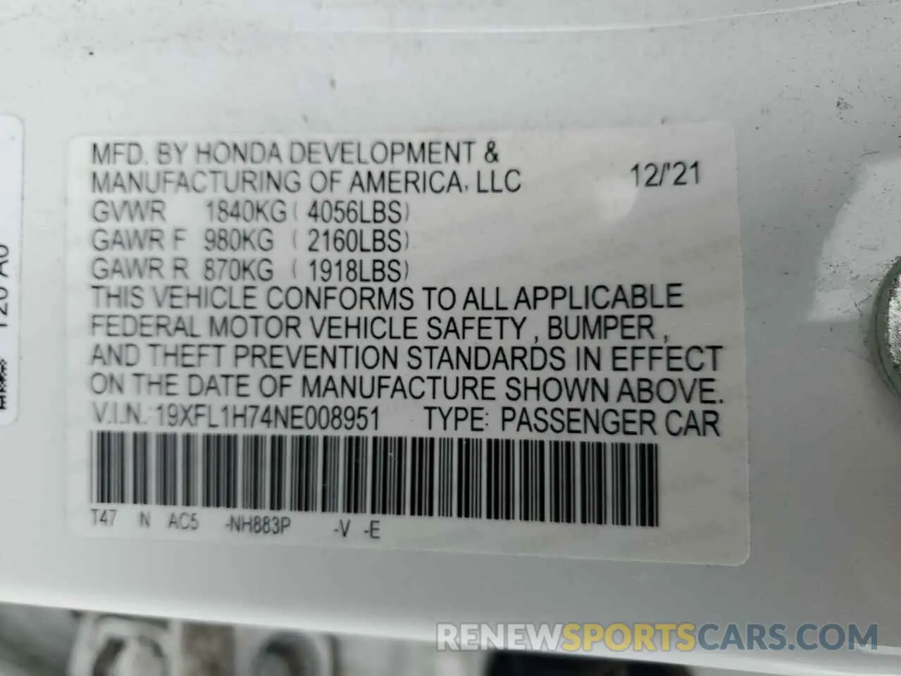 12 Photograph of a damaged car 19XFL1H74NE008951 HONDA CIVIC 2022