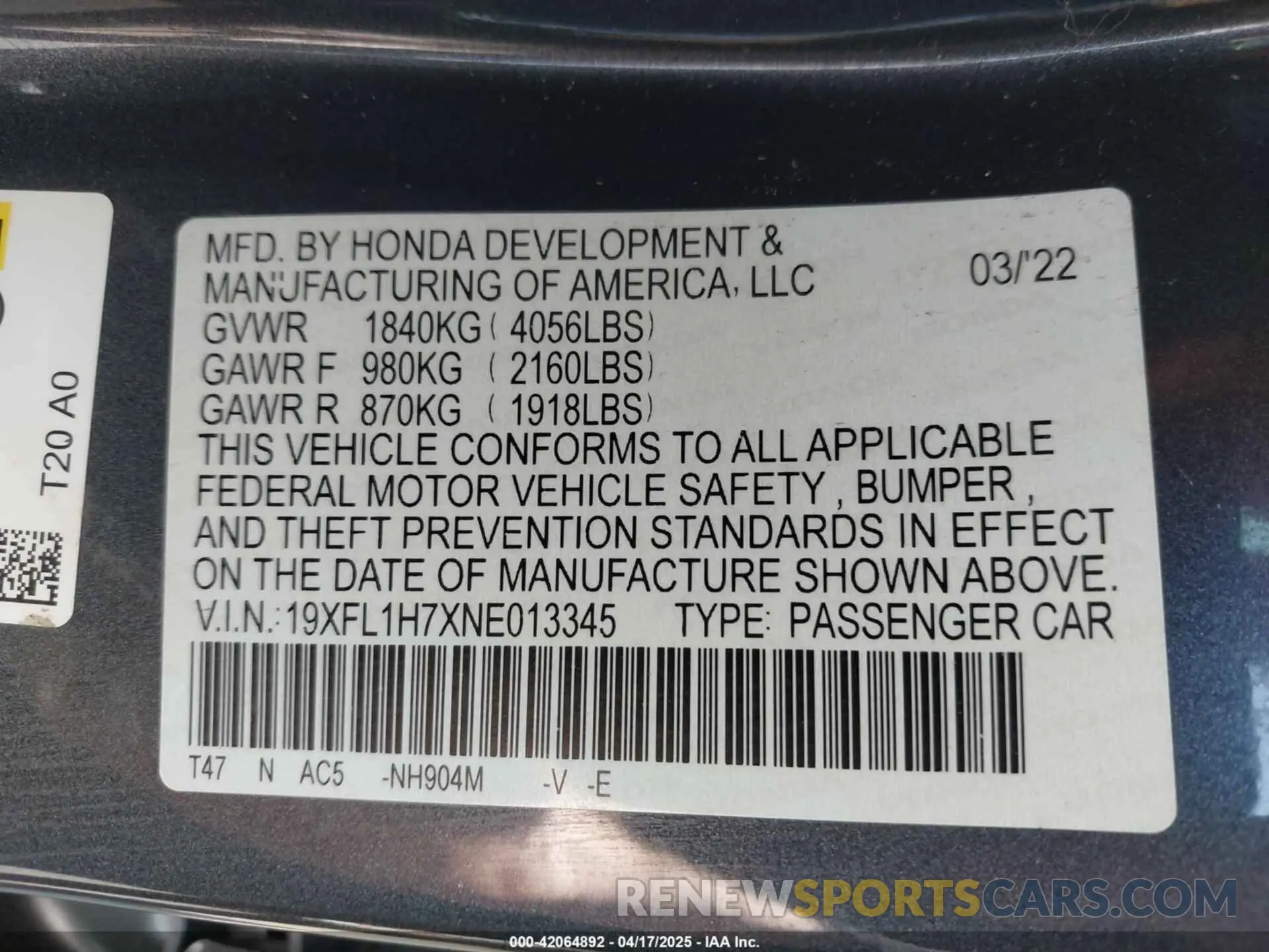 9 Фотография поврежденного автомобиля 19XFL1H7XNE013345 HONDA CIVIC 2022