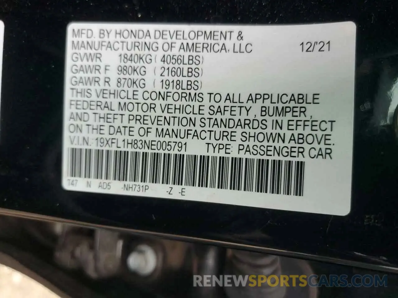 14 Photograph of a damaged car 19XFL1H83NE005791 HONDA CIVIC 2022