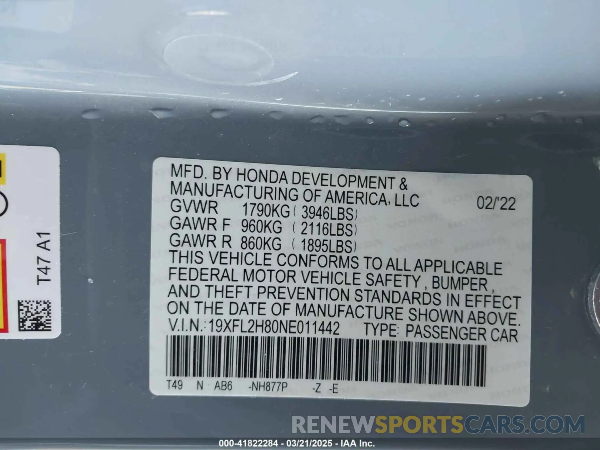 9 Фотография поврежденного автомобиля 19XFL2H80NE011442 HONDA CIVIC 2022