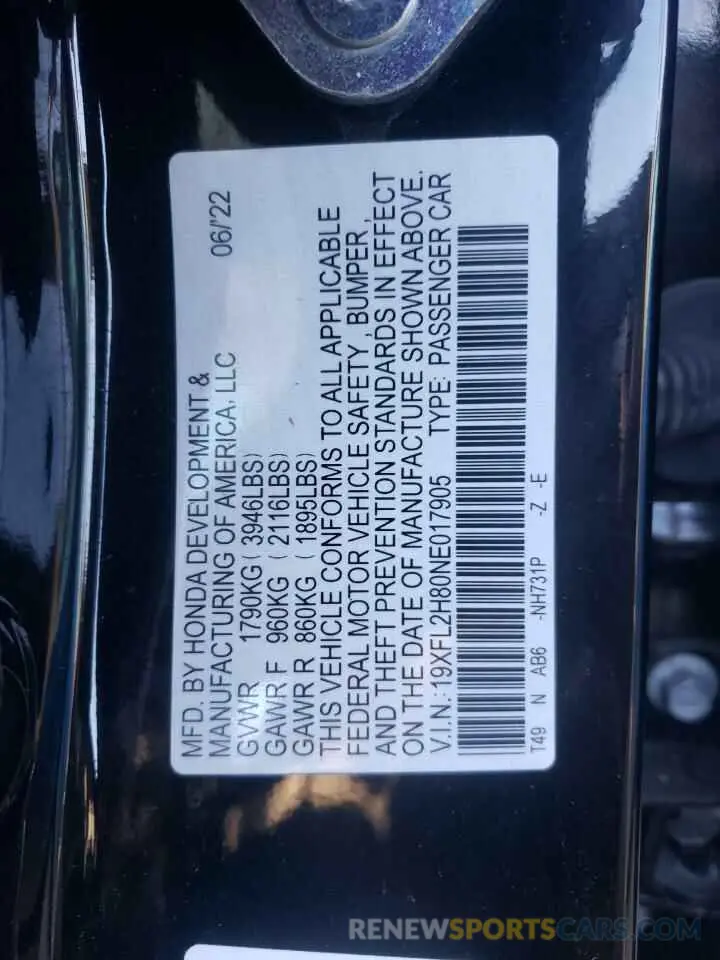 13 Фотография поврежденного автомобиля 19XFL2H80NE017905 HONDA CIVIC 2022
