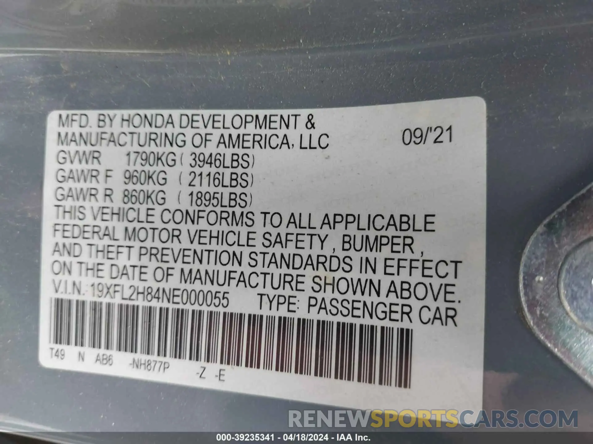 9 Фотография поврежденного автомобиля 19XFL2H84NE000055 HONDA CIVIC 2022