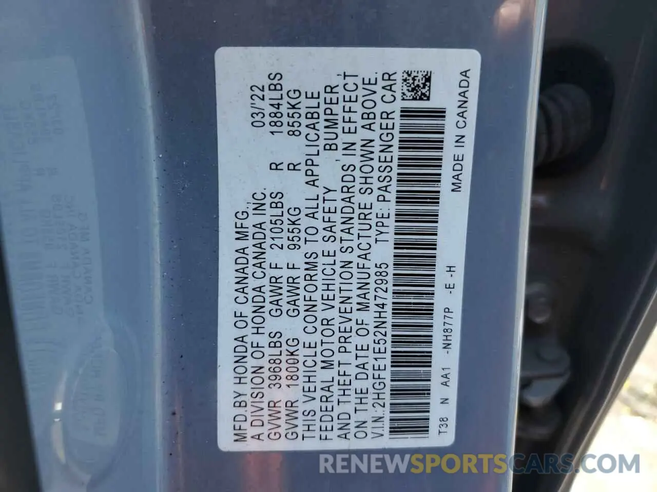 12 Фотография поврежденного автомобиля 2HGFE1E52NH472985 HONDA CIVIC 2022