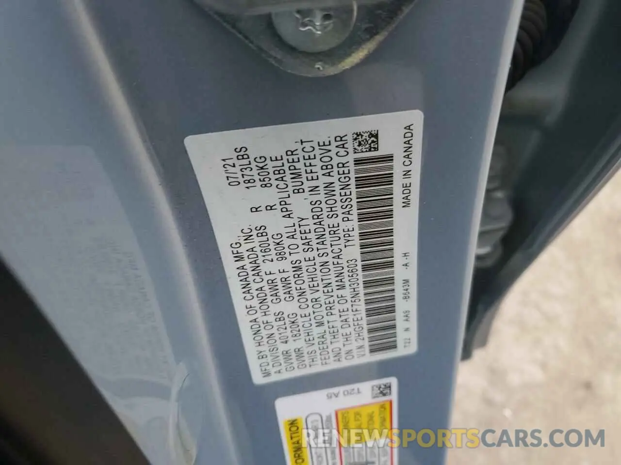 12 Фотография поврежденного автомобиля 2HGFE1F75NH305603 HONDA CIVIC 2022