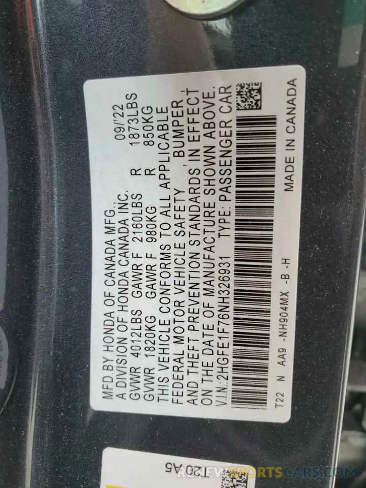 12 Фотография поврежденного автомобиля 2HGFE1F76NH326931 HONDA CIVIC 2022