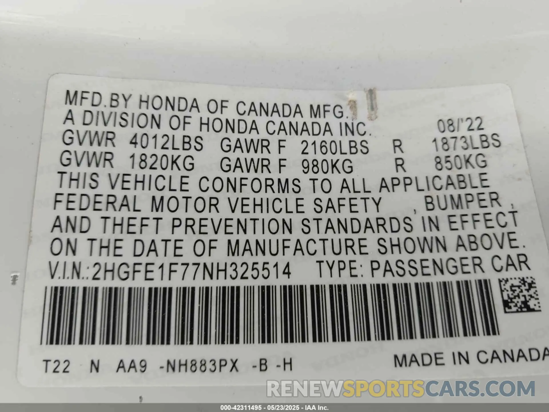 9 Фотография поврежденного автомобиля 2HGFE1F77NH325514 HONDA CIVIC 2022