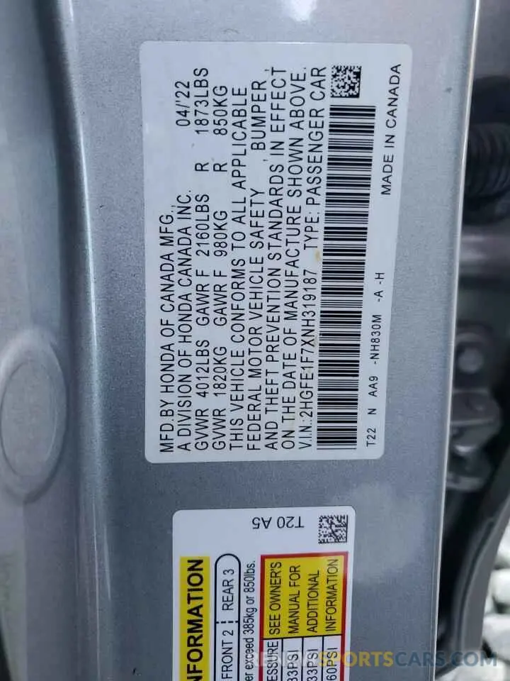 13 Фотография поврежденного автомобиля 2HGFE1F7XNH319187 HONDA CIVIC 2022
