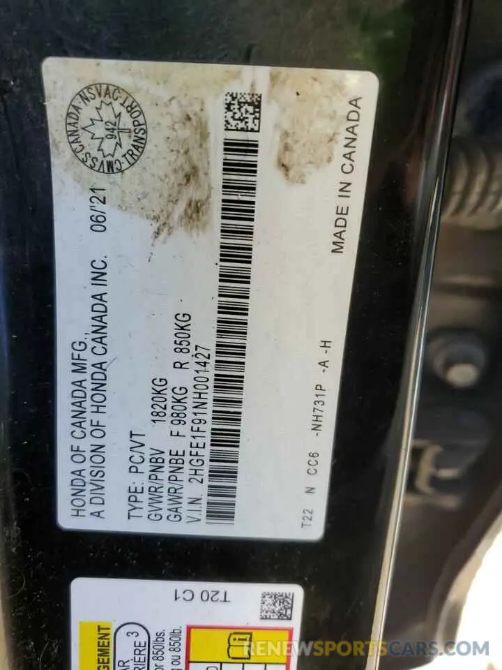 12 Фотография поврежденного автомобиля 2HGFE1F91NH001427 HONDA CIVIC 2022
