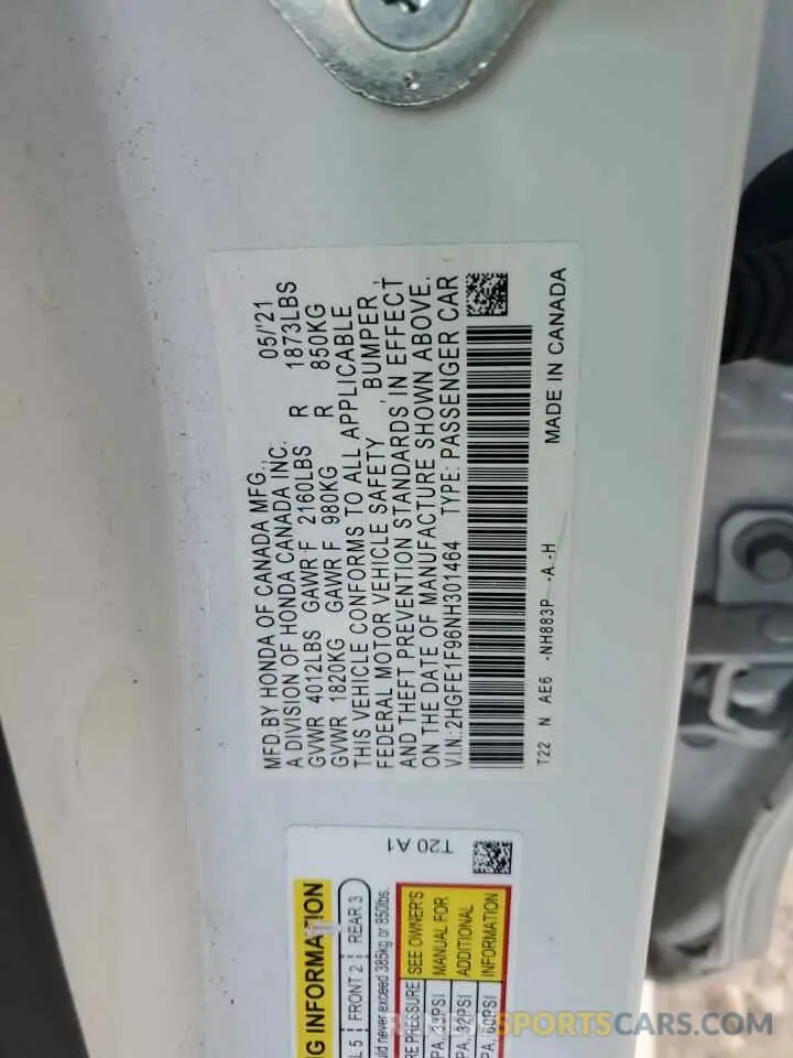 14 Фотография поврежденного автомобиля 2HGFE1F96NH301464 HONDA CIVIC 2022