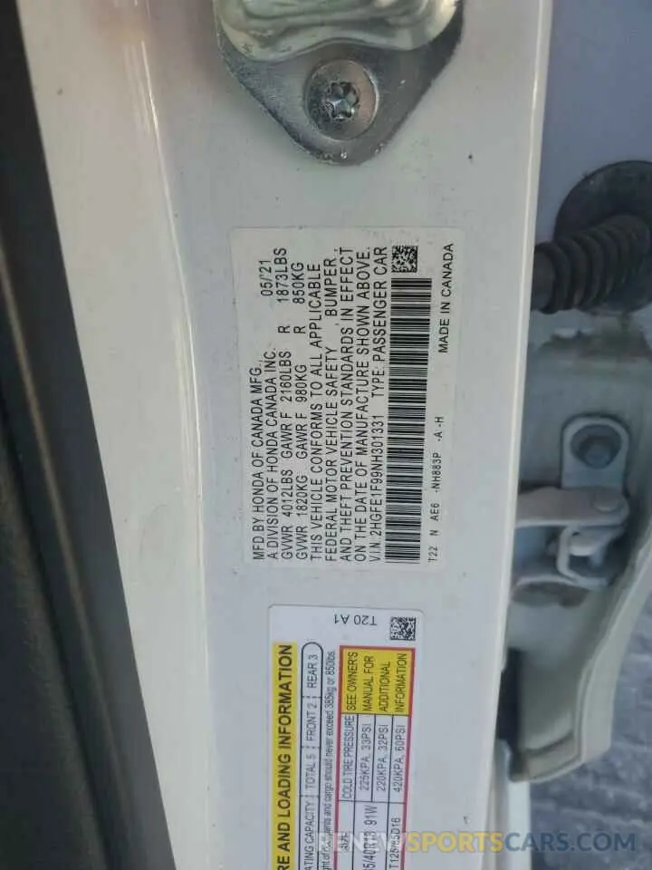 13 Фотография поврежденного автомобиля 2HGFE1F99NH301331 HONDA CIVIC 2022