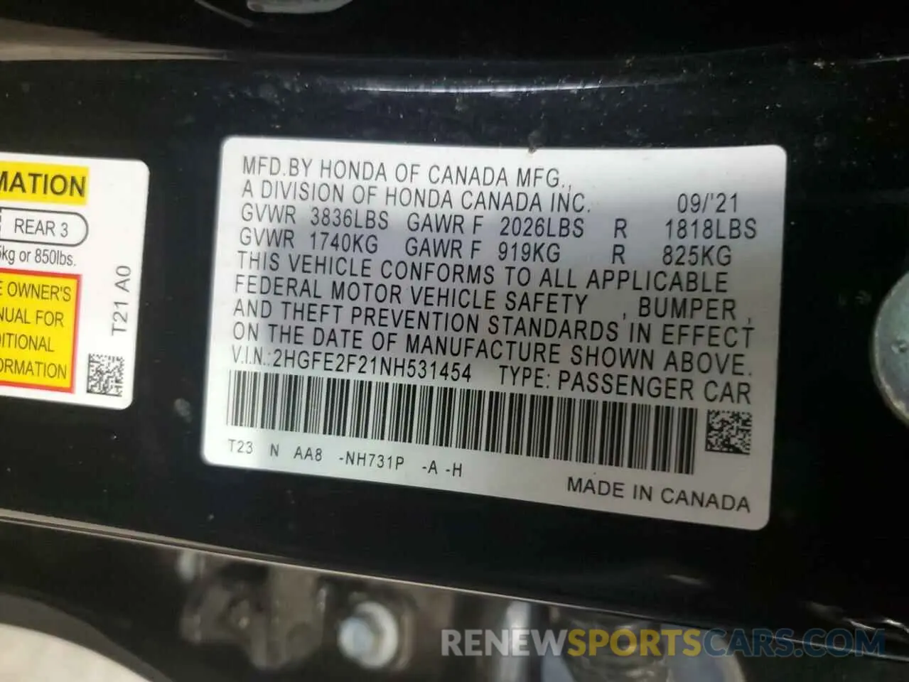 12 Фотография поврежденного автомобиля 2HGFE2F21NH531454 HONDA CIVIC 2022
