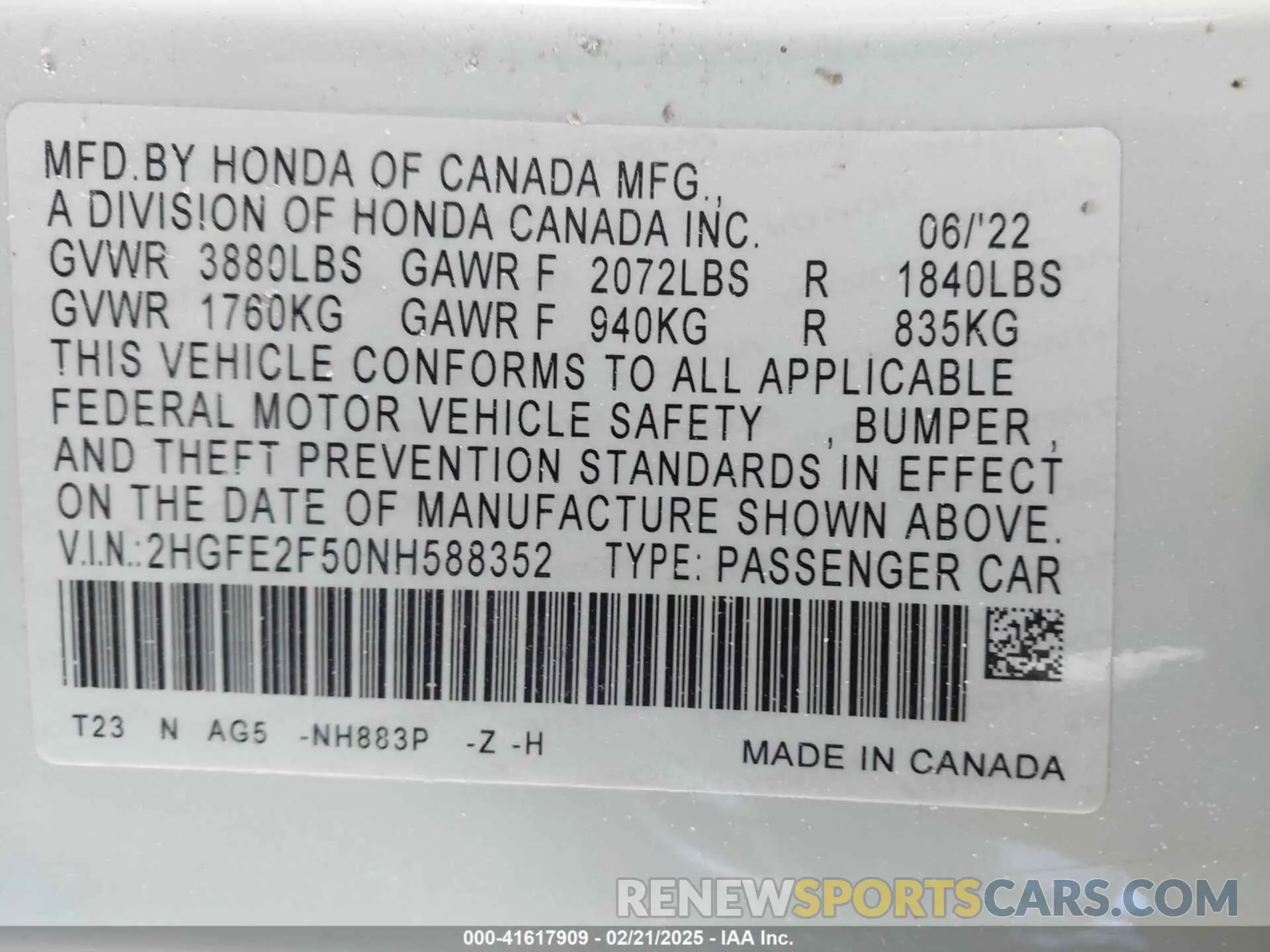 9 Фотография поврежденного автомобиля 2HGFE2F50NH588352 HONDA CIVIC 2022
