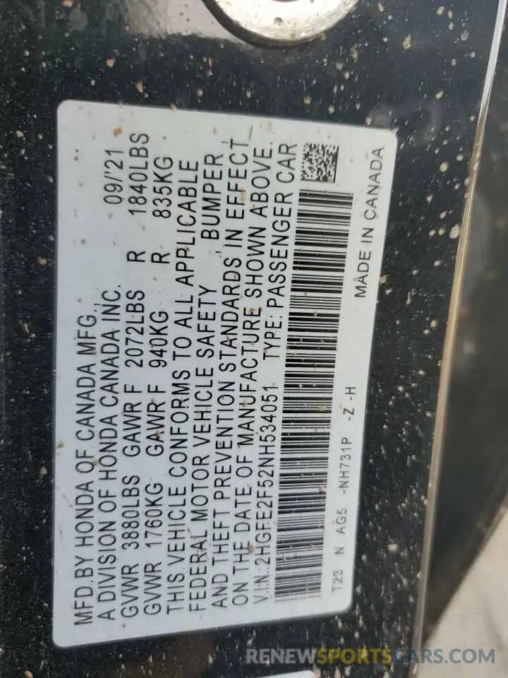 12 Фотография поврежденного автомобиля 2HGFE2F52NH534051 HONDA CIVIC 2022