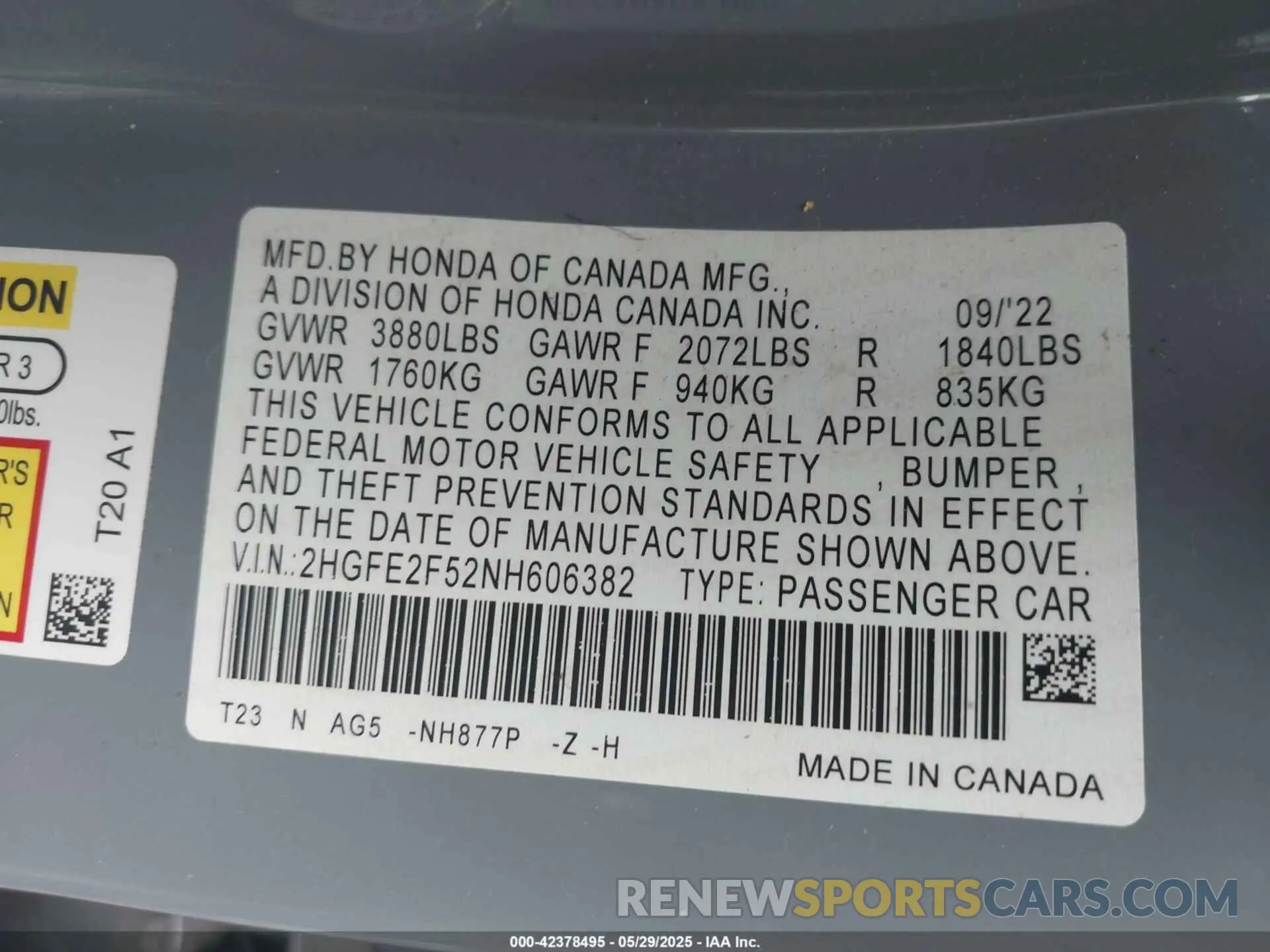 9 Photograph of a damaged car 2HGFE2F52NH606382 HONDA CIVIC 2022