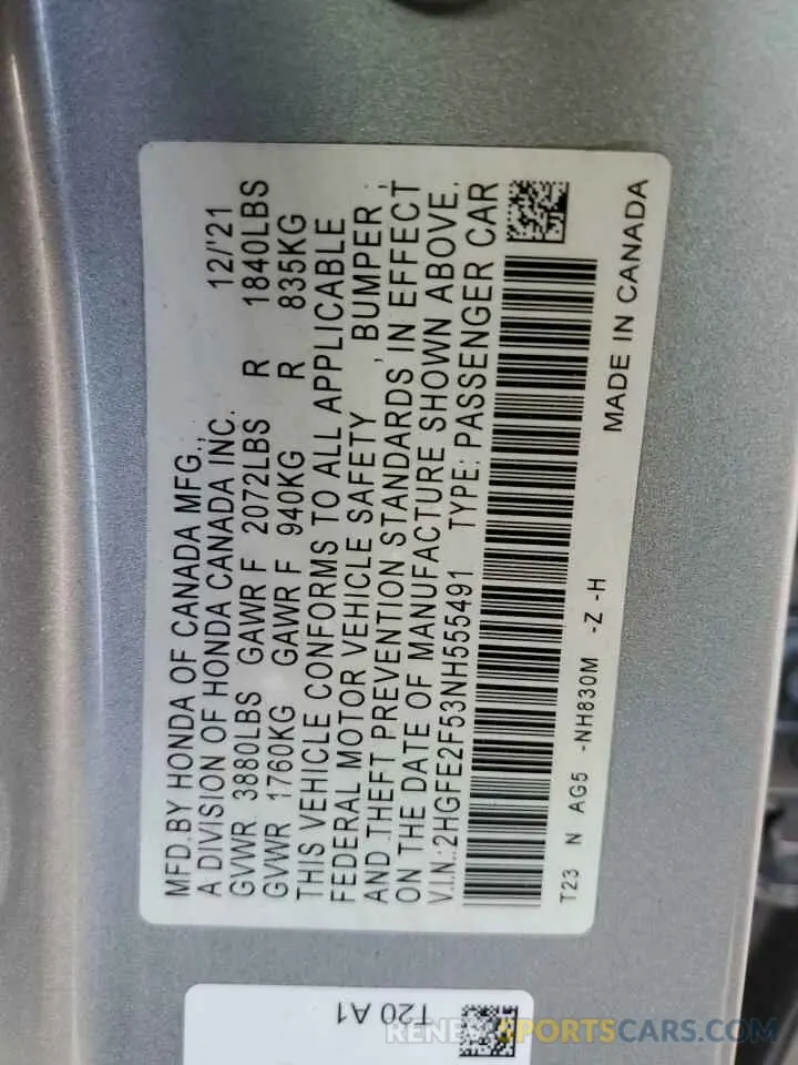 12 Фотография поврежденного автомобиля 2HGFE2F53NH555491 HONDA CIVIC 2022
