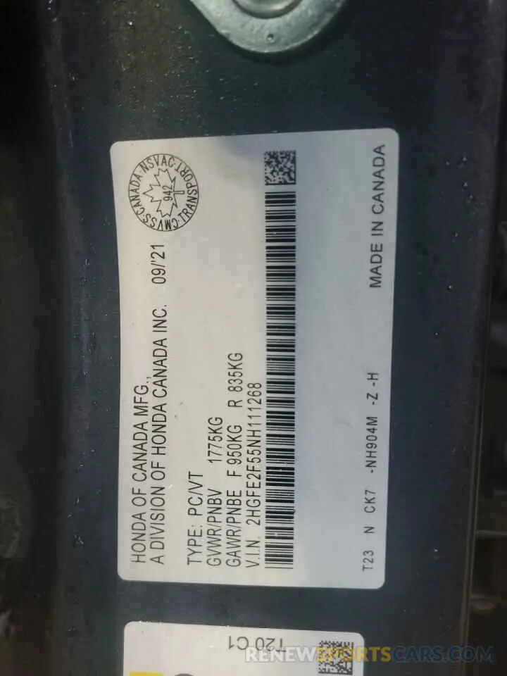 12 Фотография поврежденного автомобиля 2HGFE2F55NH111268 HONDA CIVIC 2022