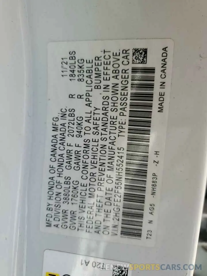 12 Фотография поврежденного автомобиля 2HGFE2F55NH552415 HONDA CIVIC 2022