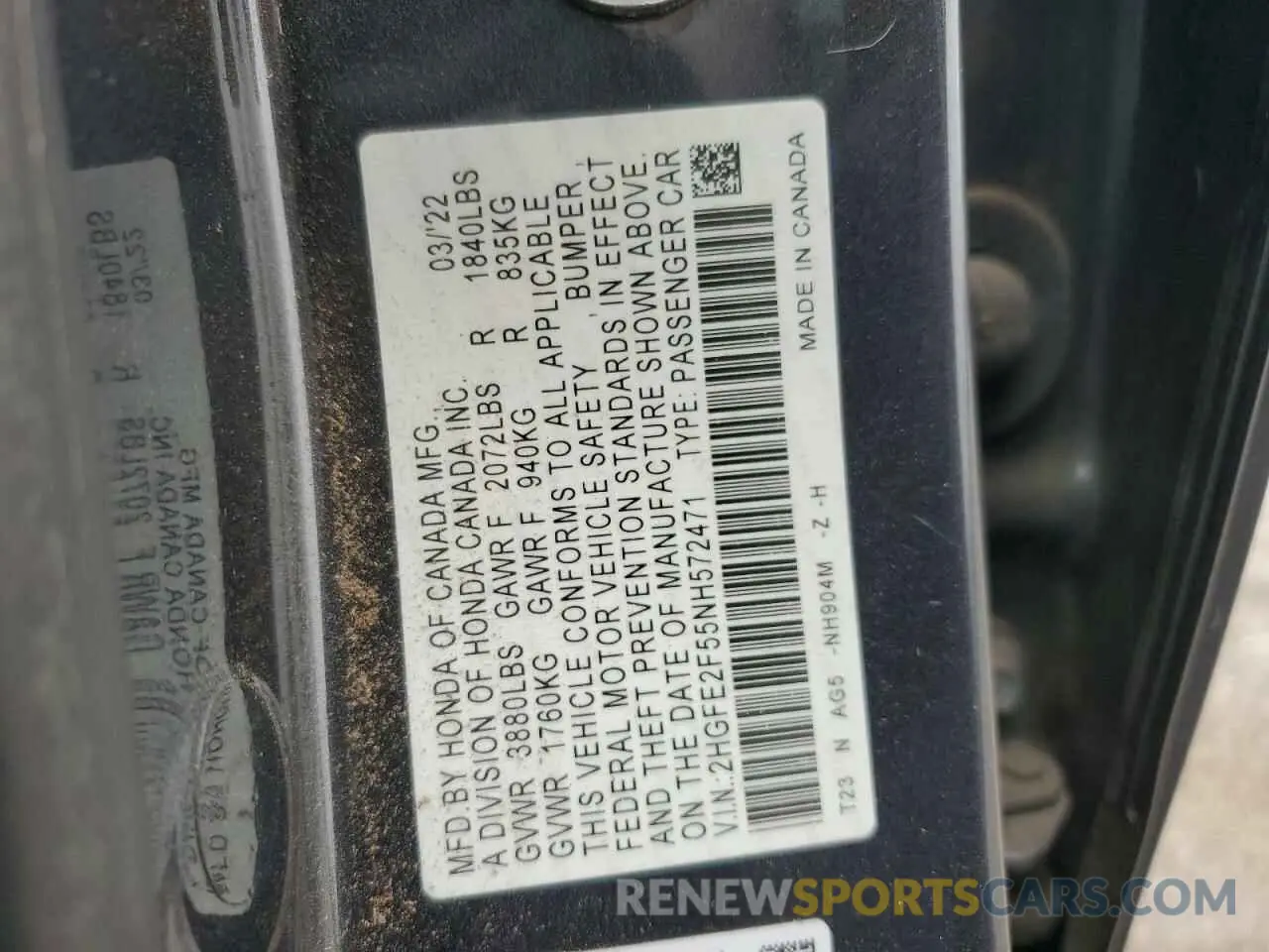 12 Фотография поврежденного автомобиля 2HGFE2F55NH572471 HONDA CIVIC 2022