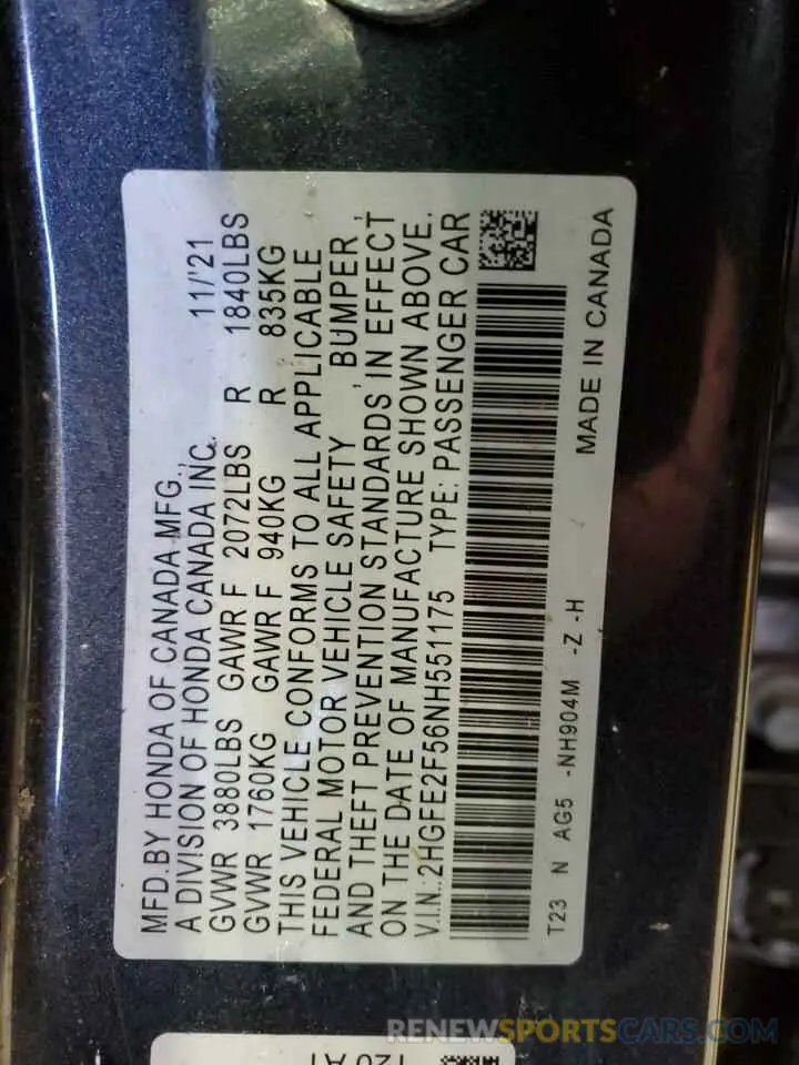 13 Фотография поврежденного автомобиля 2HGFE2F56NH551175 HONDA CIVIC 2022