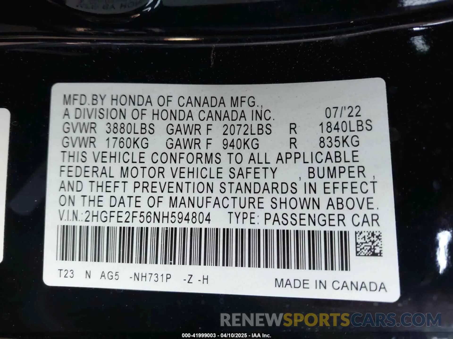9 Фотография поврежденного автомобиля 2HGFE2F56NH594804 HONDA CIVIC 2022