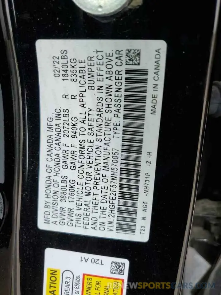 13 Photograph of a damaged car 2HGFE2F57NH570057 HONDA CIVIC 2022