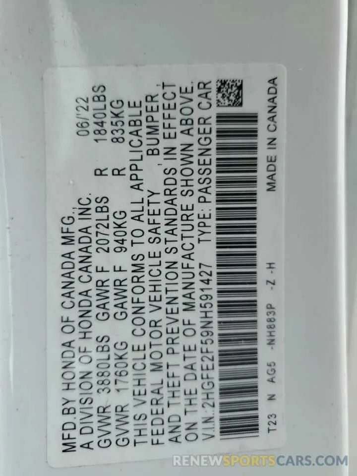 12 Фотография поврежденного автомобиля 2HGFE2F59NH591427 HONDA CIVIC 2022