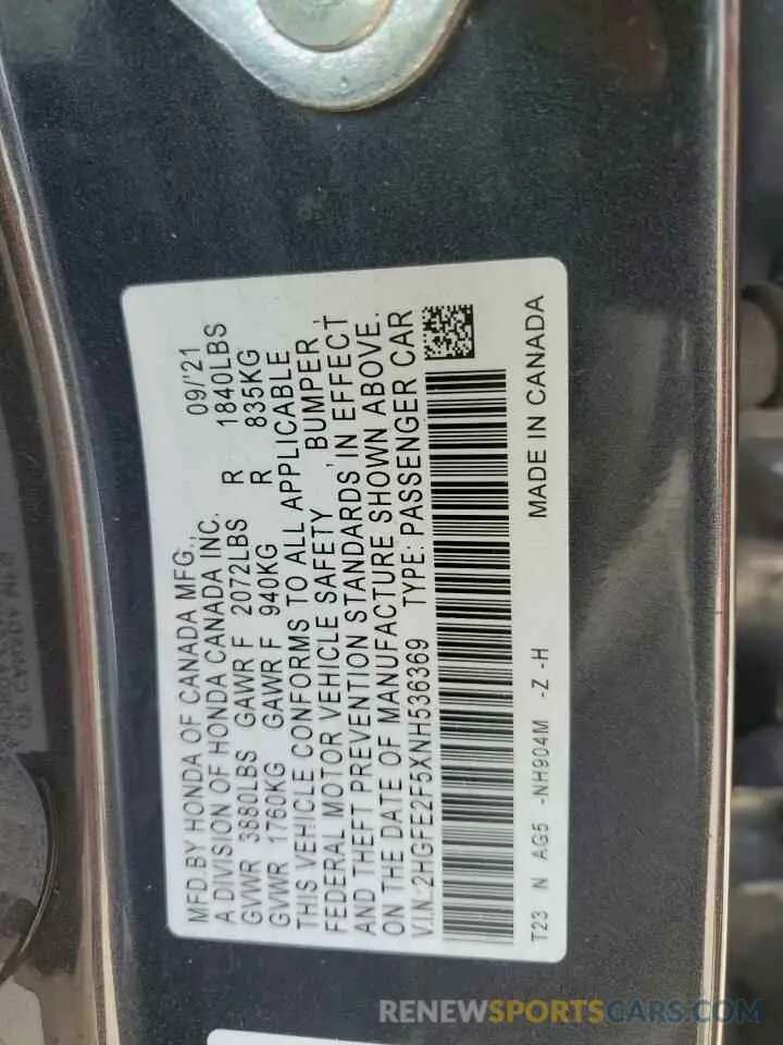 13 Photograph of a damaged car 2HGFE2F5XNH536369 HONDA CIVIC 2022