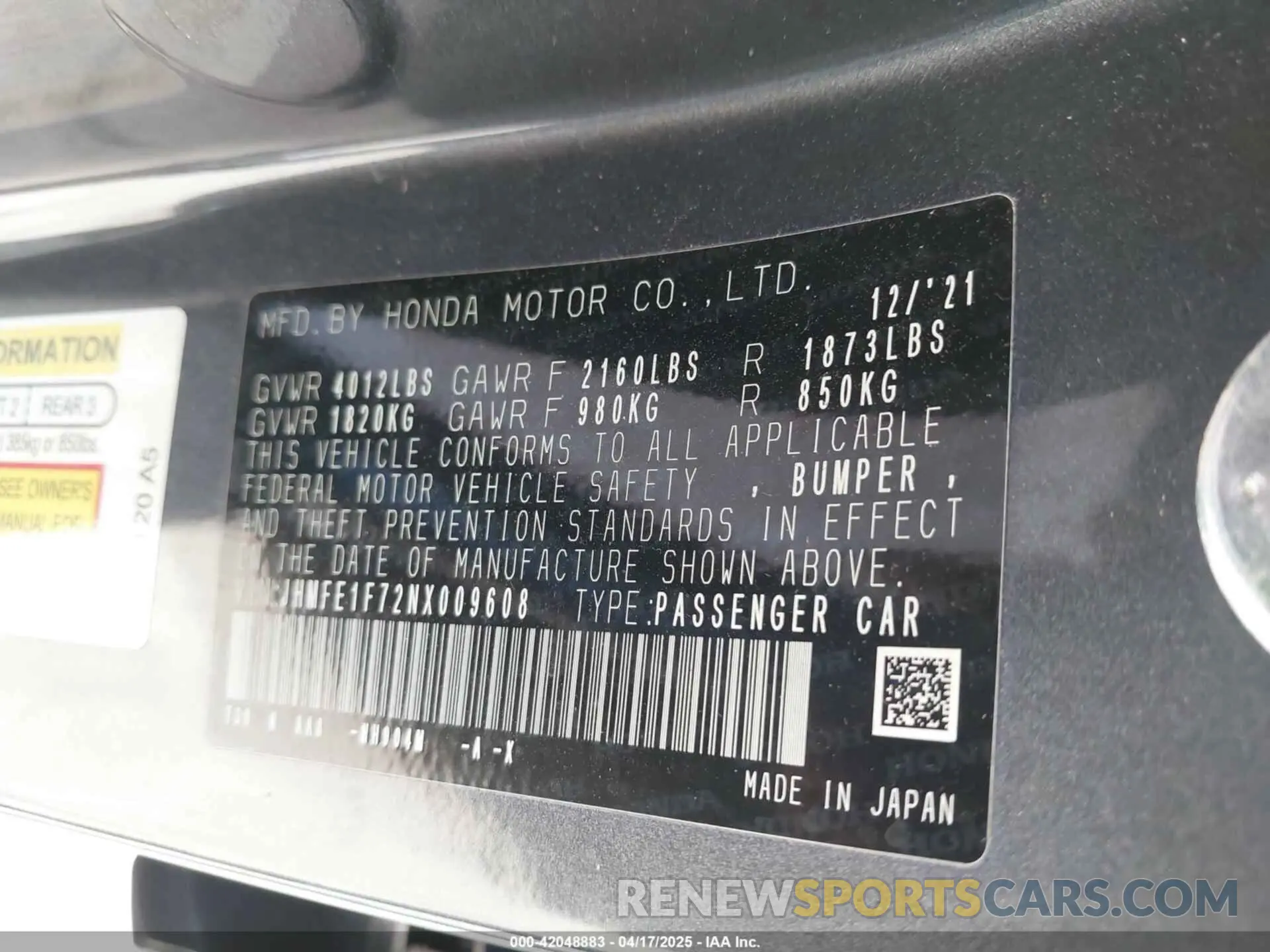 9 Фотография поврежденного автомобиля JHMFE1F72NX009608 HONDA CIVIC 2022