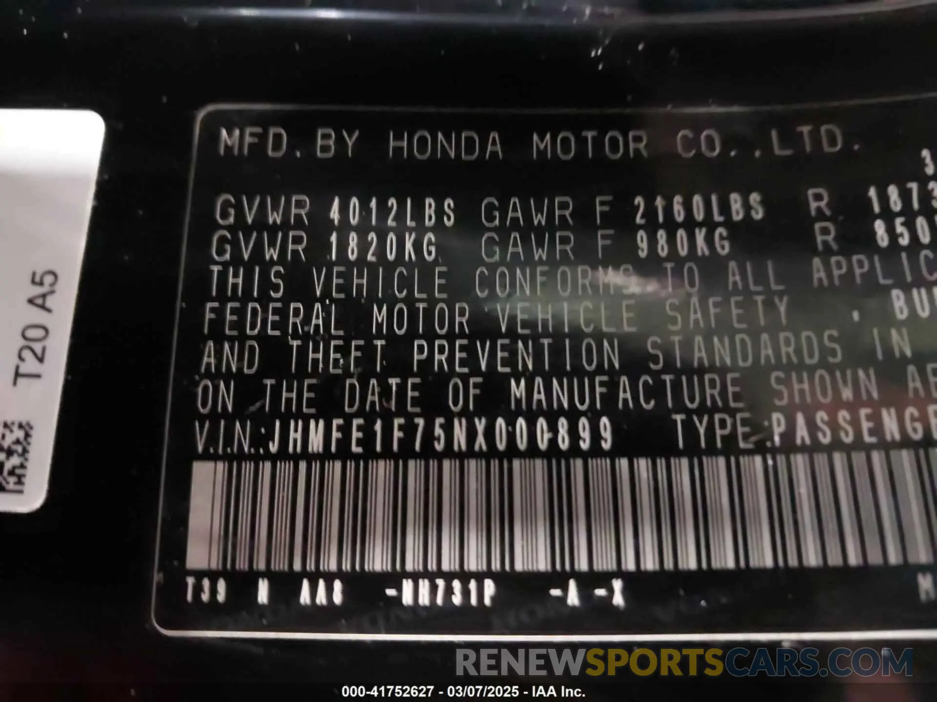 9 Фотография поврежденного автомобиля JHMFE1F75NX000899 HONDA CIVIC 2022