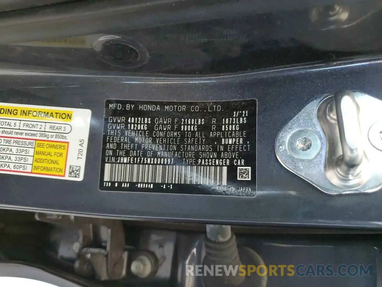 13 Photograph of a damaged car JHMFE1F75NX000997 HONDA CIVIC 2022