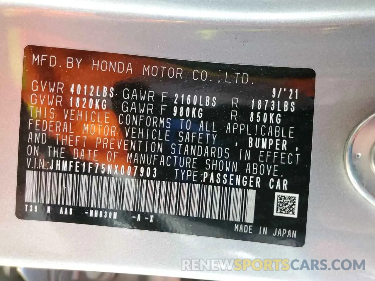 12 Фотография поврежденного автомобиля JHMFE1F75NX007903 HONDA CIVIC 2022