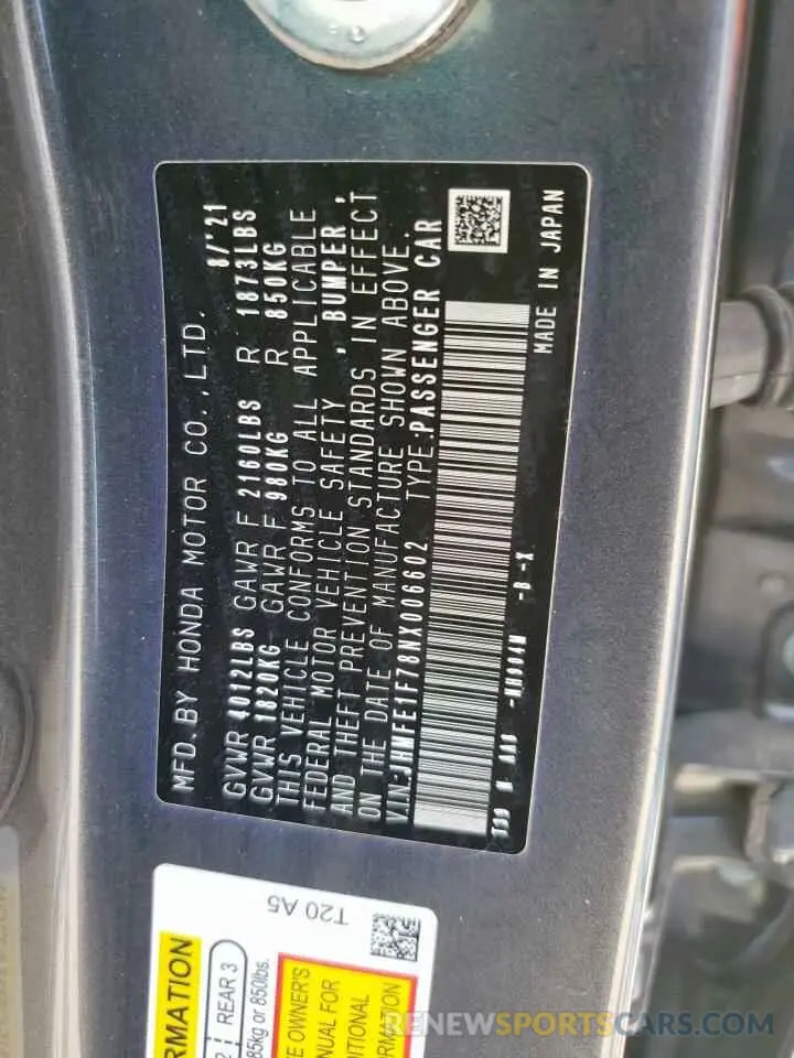 12 Фотография поврежденного автомобиля JHMFE1F78NX006602 HONDA CIVIC 2022