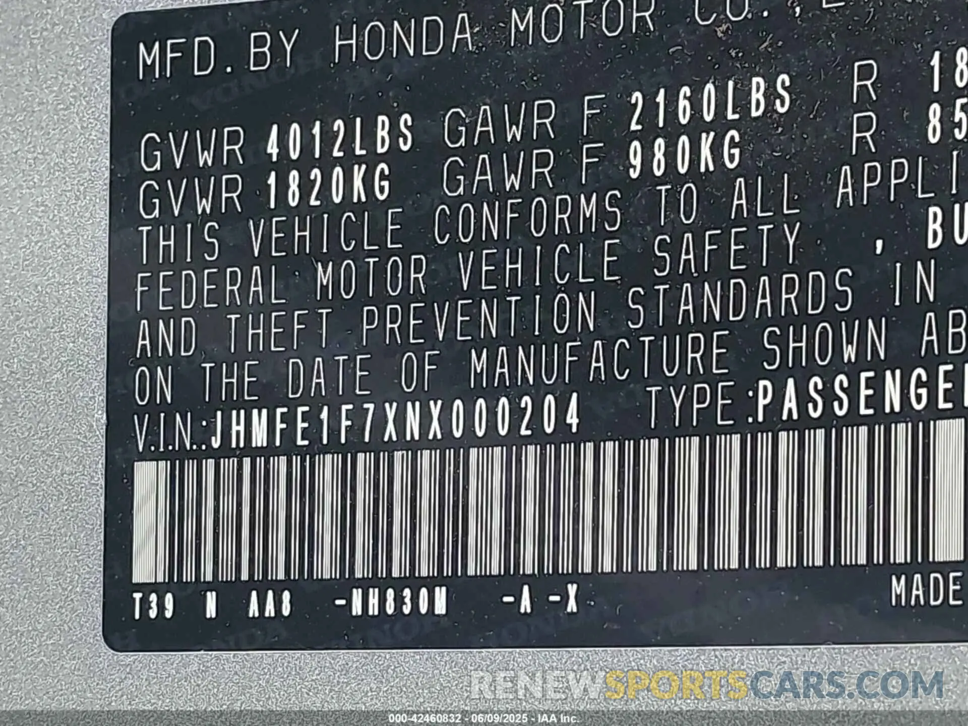 9 Photograph of a damaged car JHMFE1F7XNX000204 HONDA CIVIC 2022