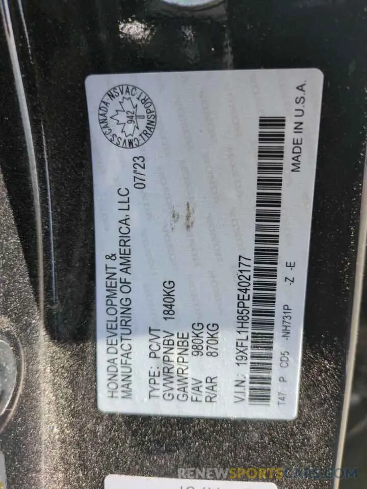 14 Photograph of a damaged car 19XFL1H85PE402177 HONDA CIVIC 2023