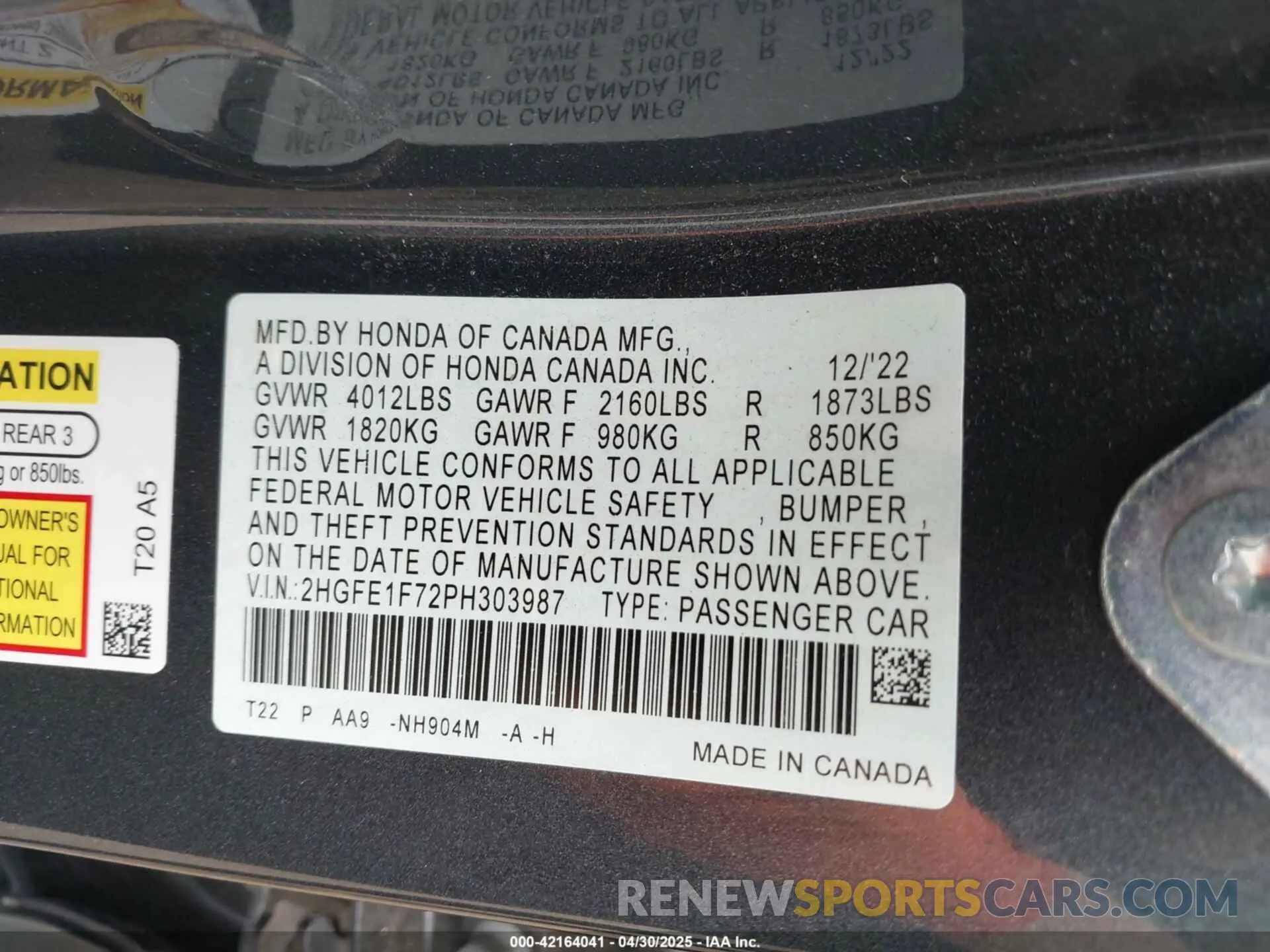 9 Фотография поврежденного автомобиля 2HGFE1F72PH303987 HONDA CIVIC 2023