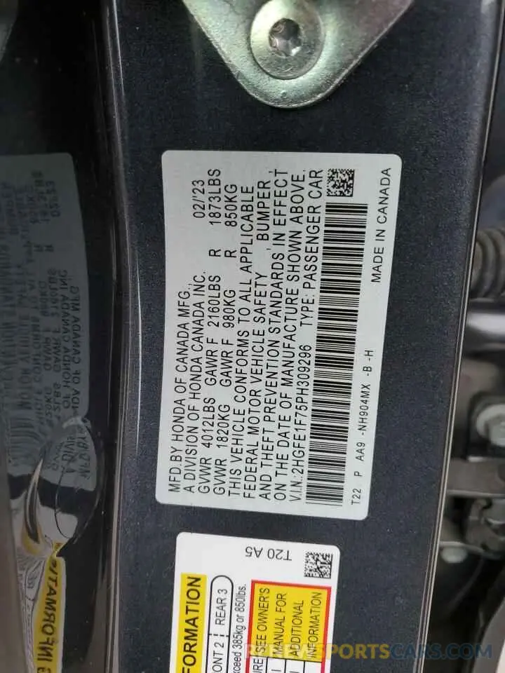 14 Фотография поврежденного автомобиля 2HGFE1F75PH309296 HONDA CIVIC 2023