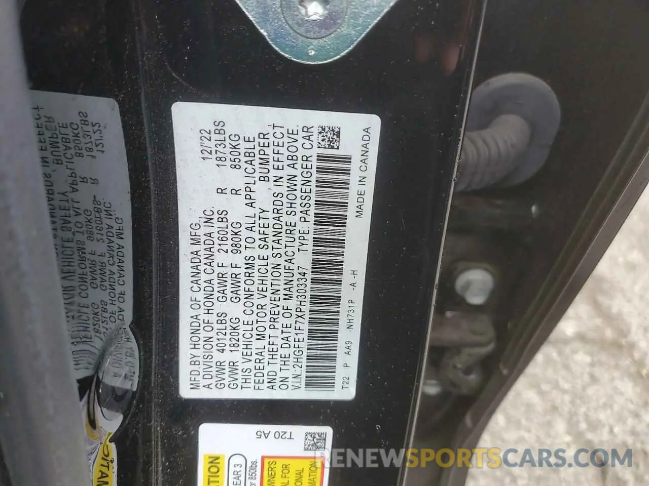12 Photograph of a damaged car 2HGFE1F7XPH303347 HONDA CIVIC 2023